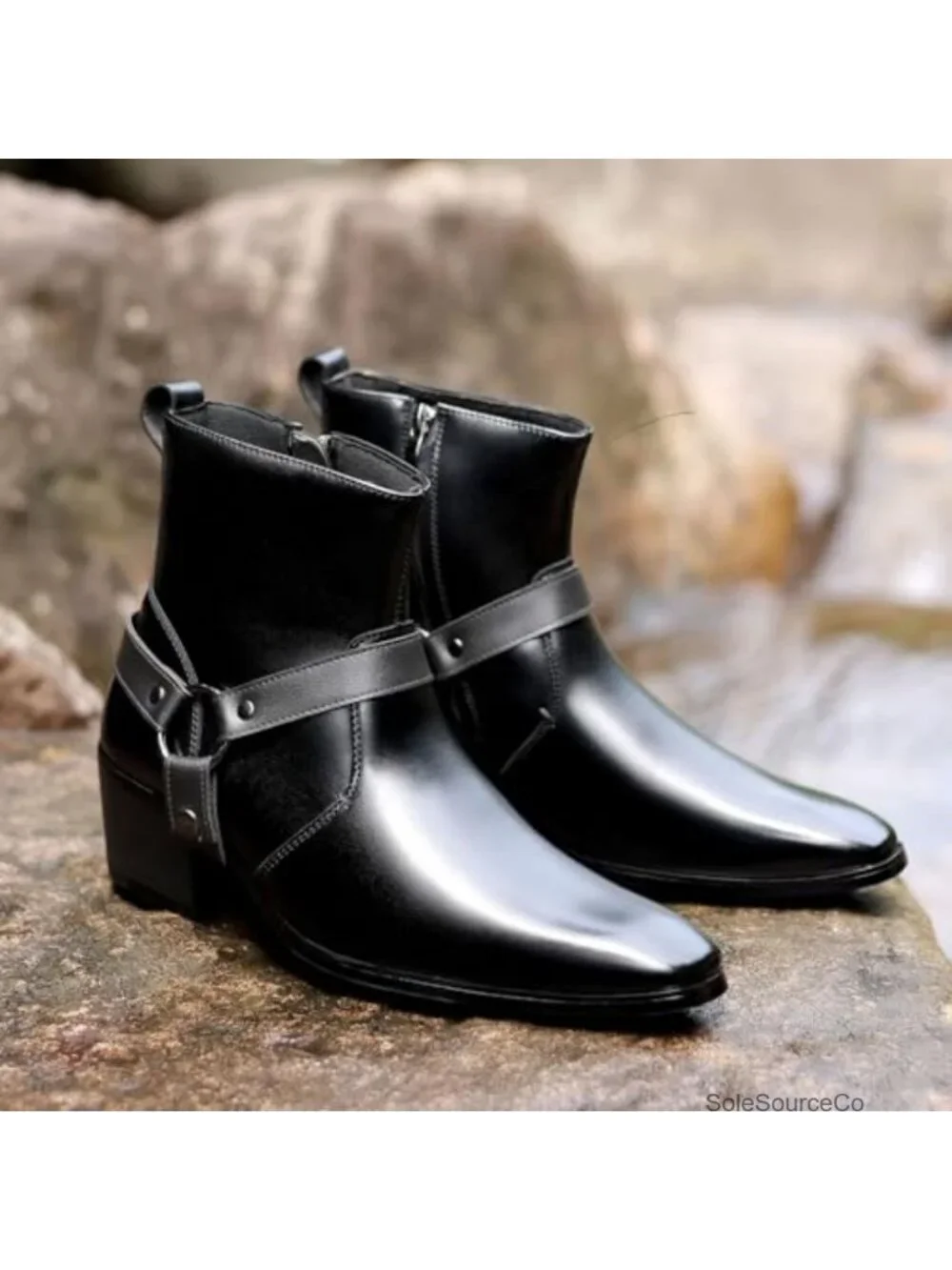 Men's Faux Leather Chunky Heel Chelsea Boots Belt Buckle Side Zipper